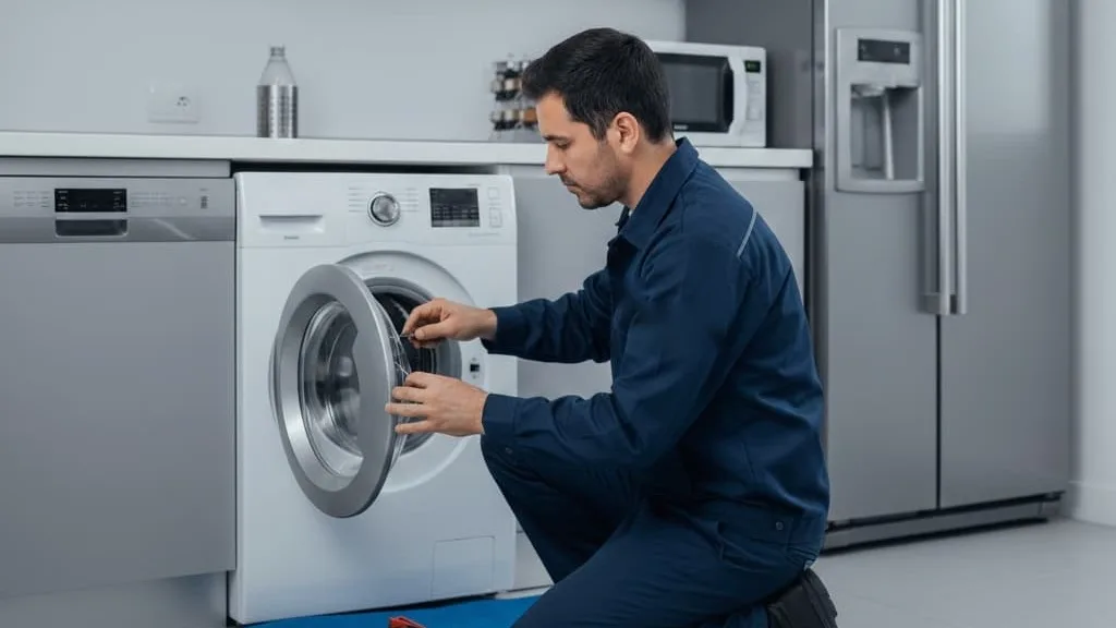 Técnico revisando el tambor de una lavadora durante un mantenimiento en Medellín